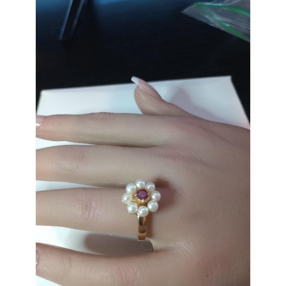 Vintage Gold Tone Faux Pearl Red Rhinestone Flower Cluster Ring Size 8
